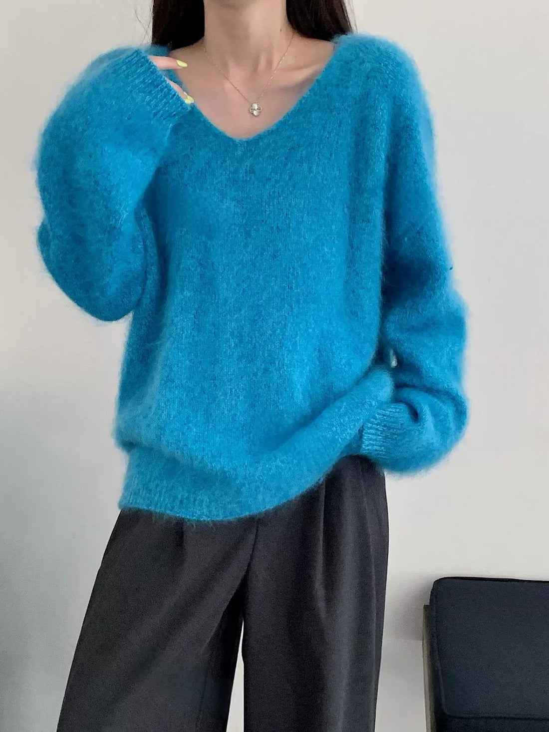 Damen V-Ausschnitt Pullover, Wolle-Kaschmir, gebürstet