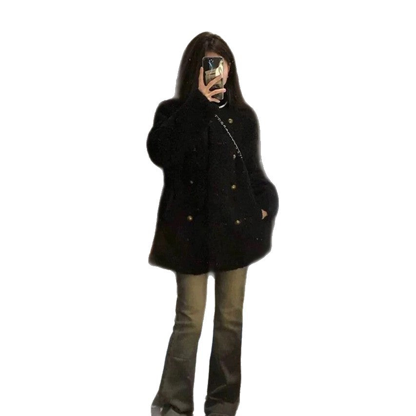 Gefütterte Lammfleece-Jacke für Damen, zweireihig