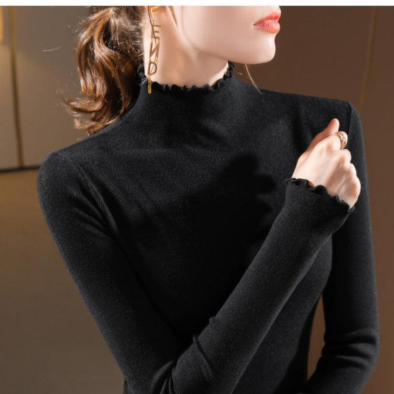 Damen-Strickshirt, Stehkragen, Rüschenkante, figurbetont