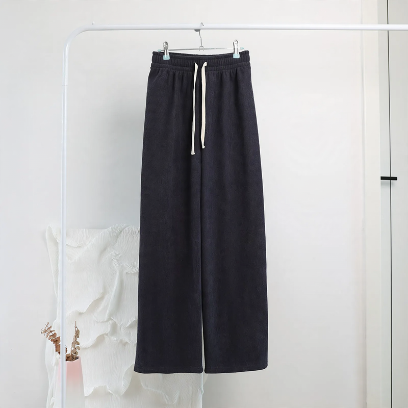 Damen-Cordhose mit weitem Bein, hoher Taille und Kordelzug