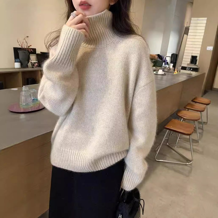 Damen-Rollkragenpullover, Strick, einfarbig, lässiger Stil