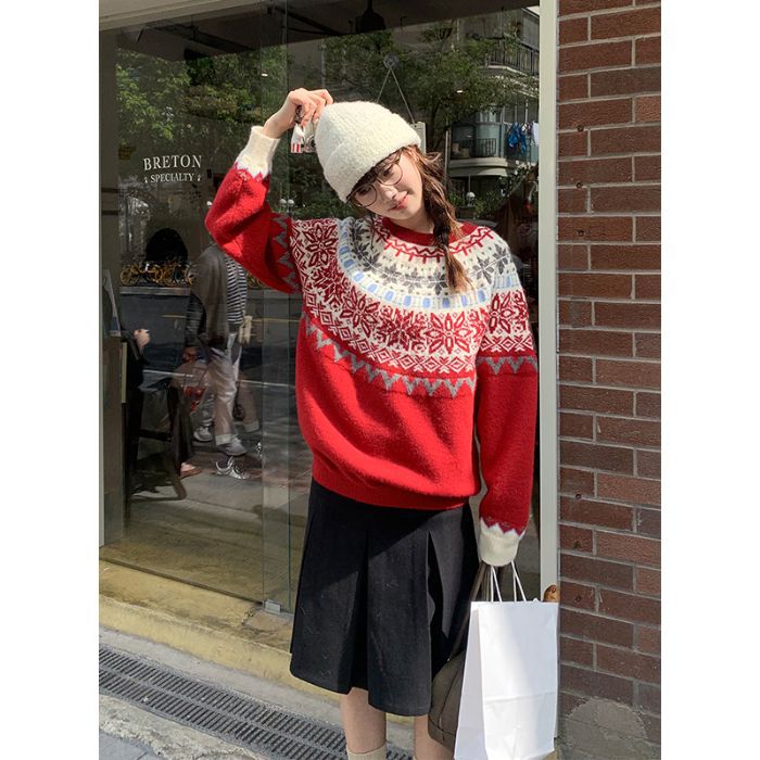 Damen-Strickpullover mit Fair-Isle-Muster und Schneeflocken