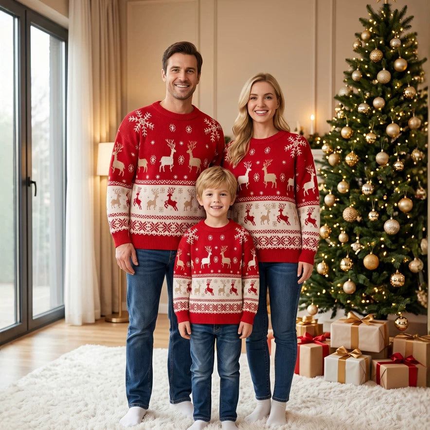 Weihnachtlicher Strickpullover, Rundhals, für die ganze Familie