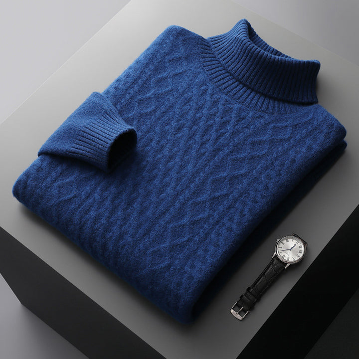 Herren-Wollpullover mit Reverskragen und Zopfmuster