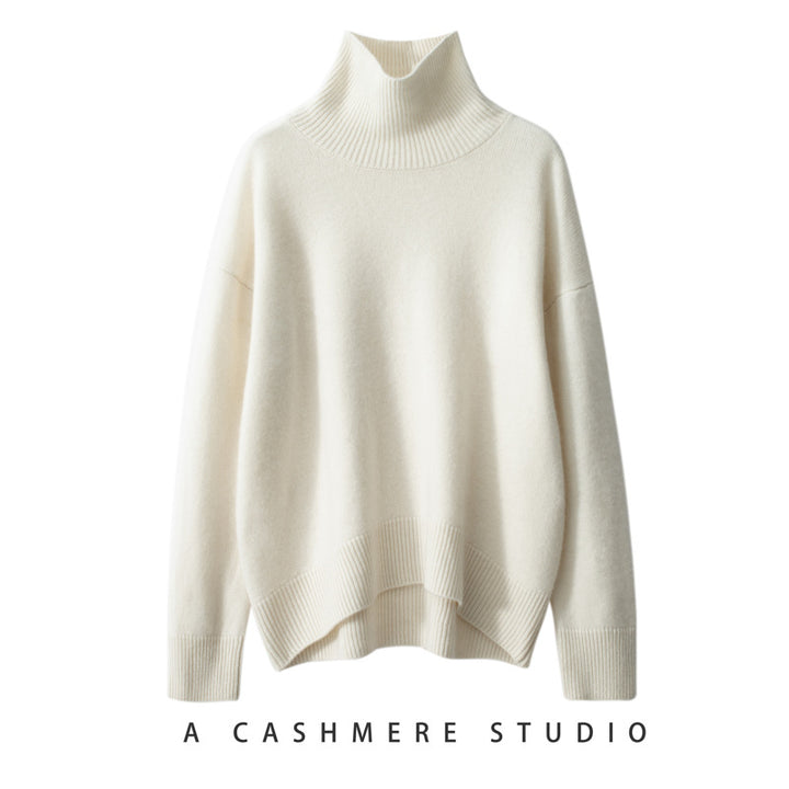 Damen-Kaschmirpullover, hoher Kragen, lockere Passform