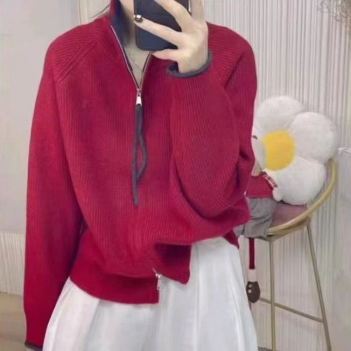 Damen-Strickjacke mit Reißverschluss und Farbblock-Design