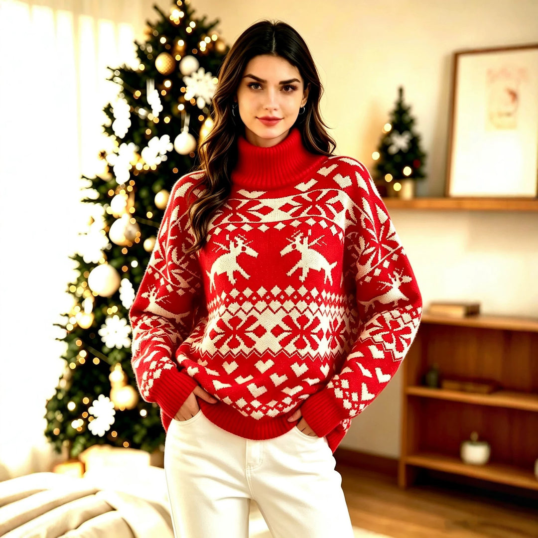 Roter Damen-Weihnachtspullover mit Rentier-Jacquard