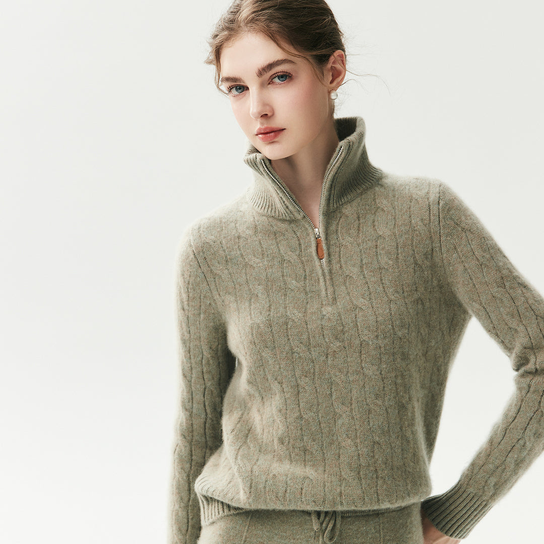 Damen-Strickpullover mit Reißverschluss und Zopfmuster