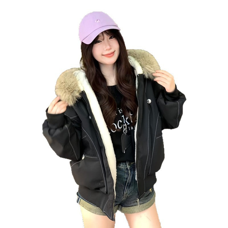 Damen-Winterjacke, gefüttert, kurz, mit Fellkragen