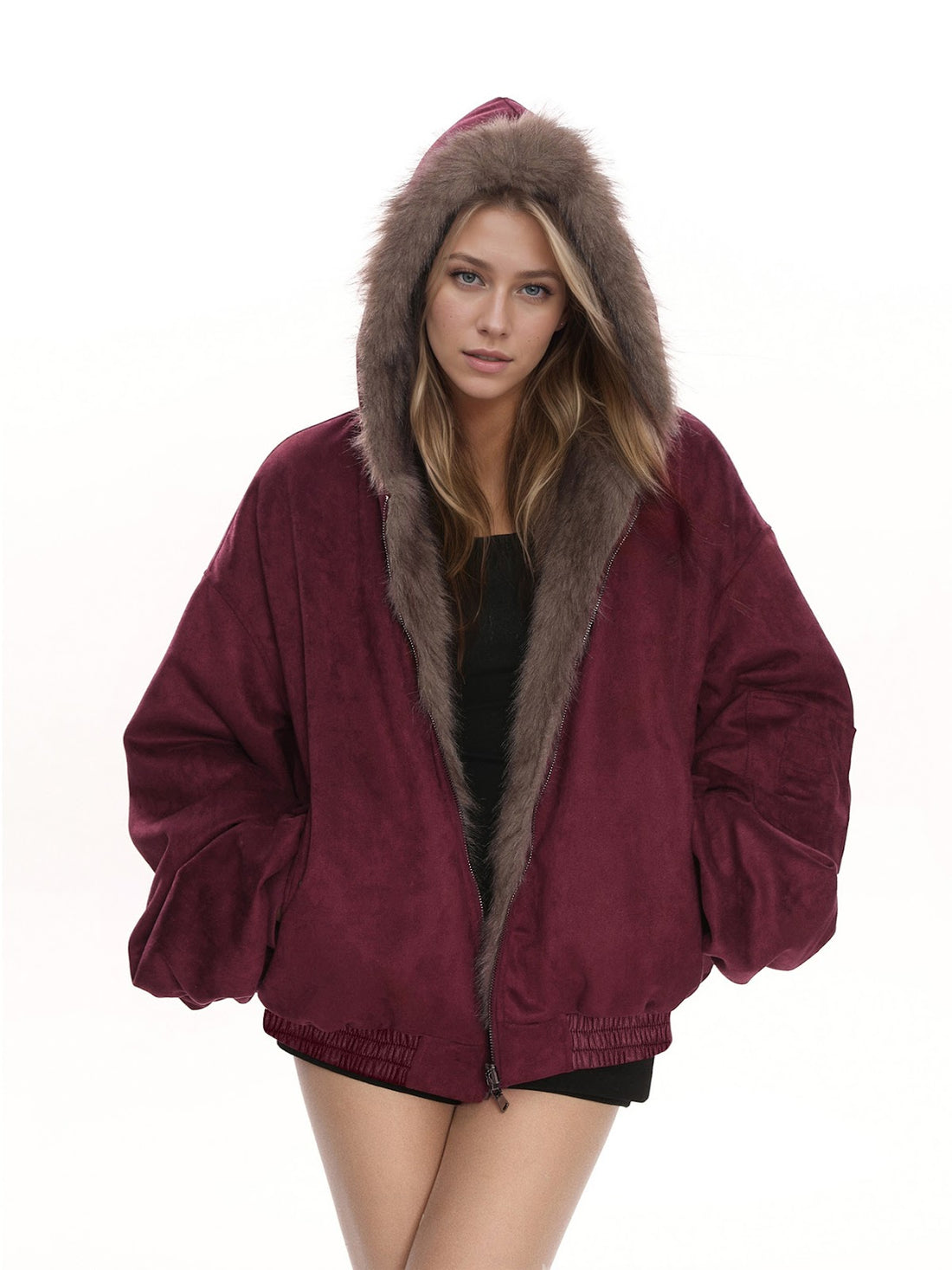Wendbare Kapuzenjacke aus Wildlederimitat und Kunstfell