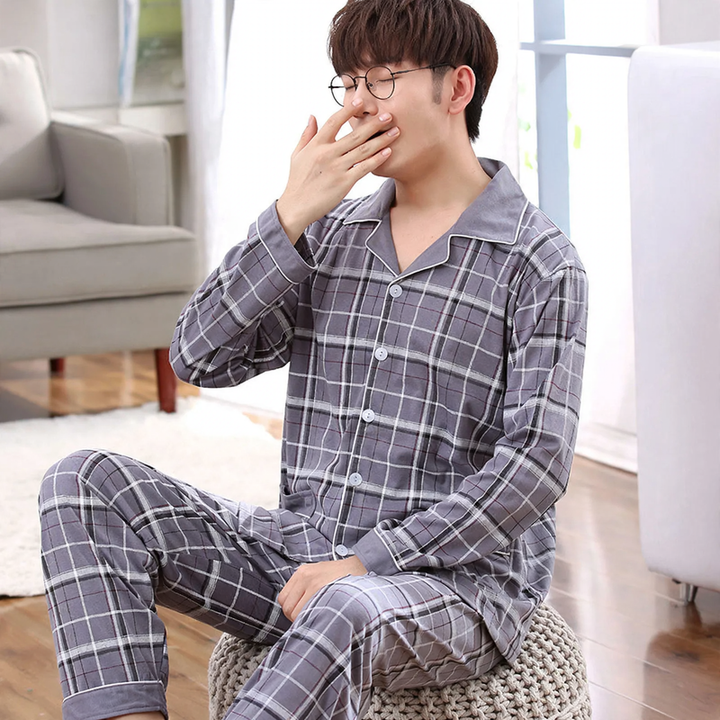 Herren-Pyjama-Set, 100% Baumwolle, langärmelig, geknöpft