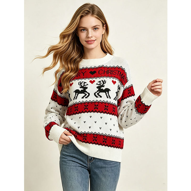Lockerer Damen-Weihnachtspullover mit Rentier-Jacquard