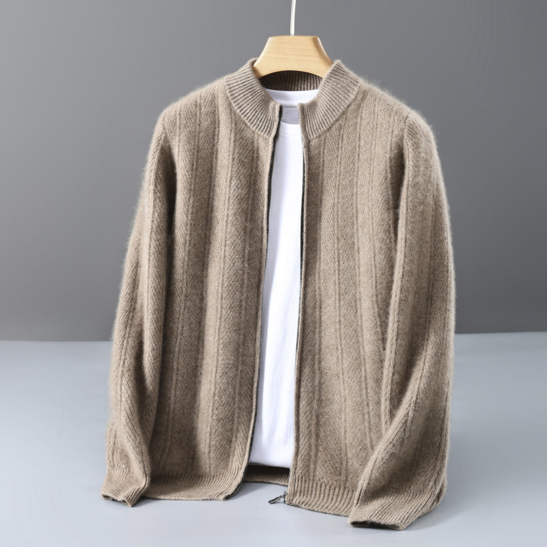 Herren-Wollstrickjacke, Stehkragen, Reißverschluss, Jacquard-Muster