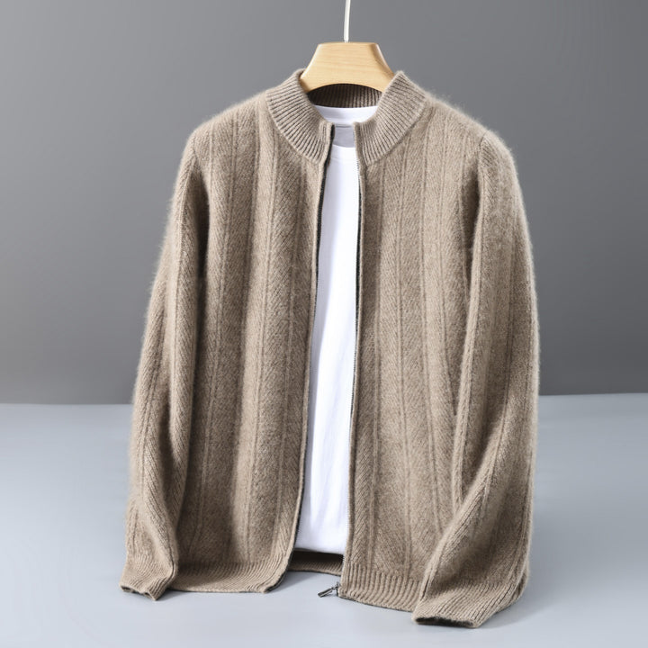 Herren-Wollstrickjacke, Stehkragen, Reißverschluss, Jacquard-Muster