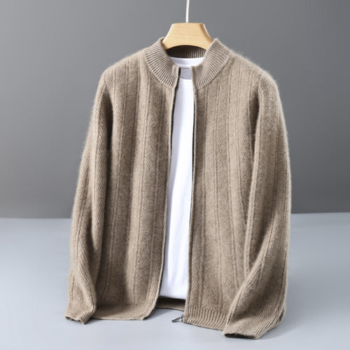 Herren-Wollstrickjacke, Stehkragen, Reißverschluss, Jacquard-Muster