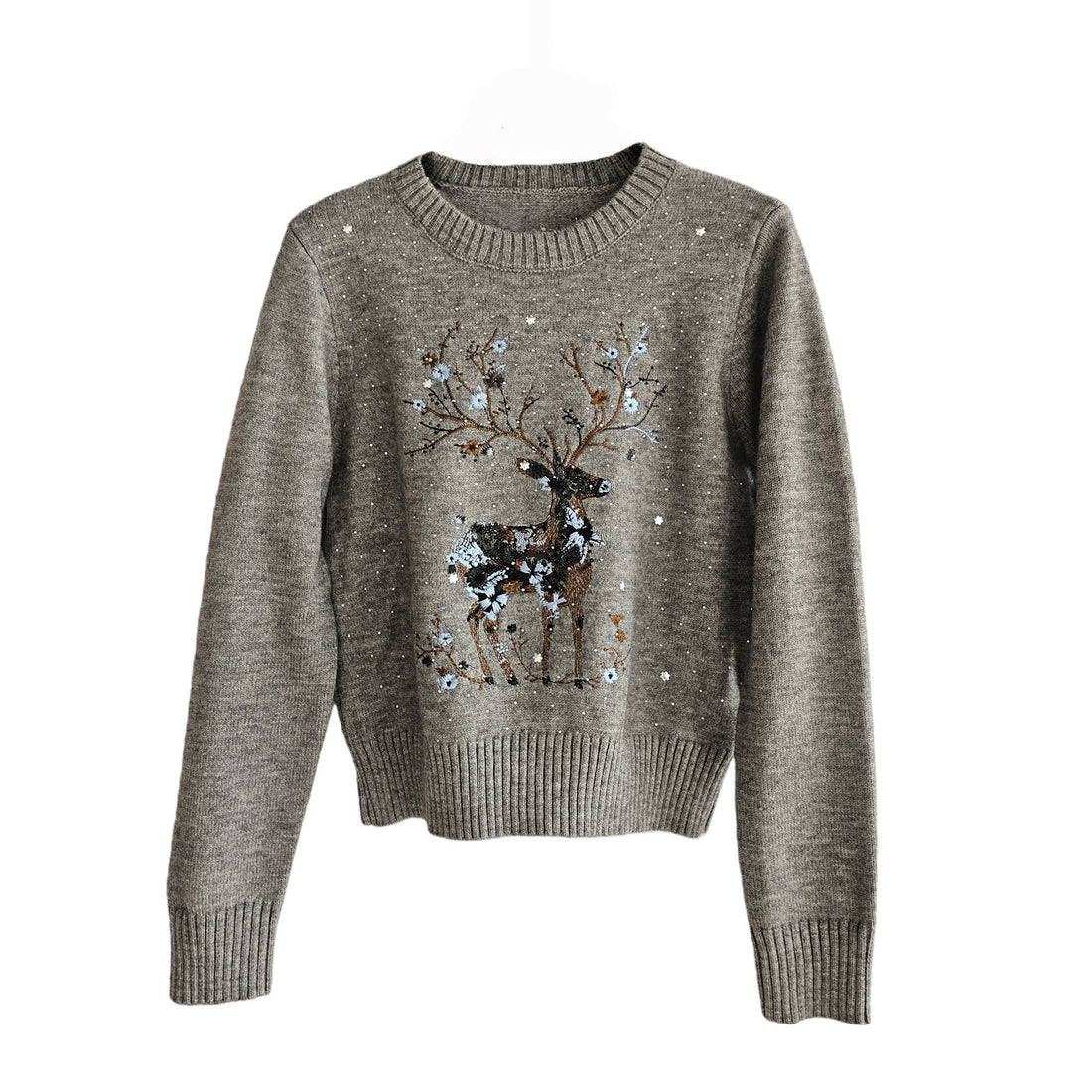 Strickpullover mit Rentier-Stickerei und Pailletten