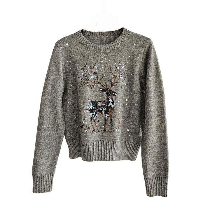 Strickpullover mit Rentier-Stickerei und Pailletten