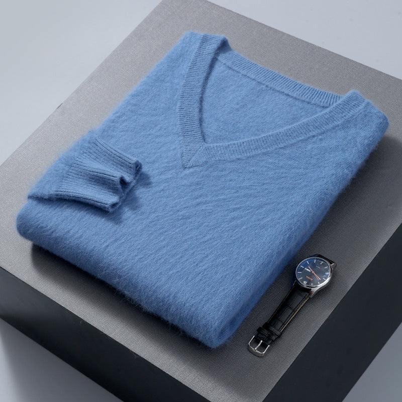 Herren-Wollpullover, V-Ausschnitt, locker, unifarben