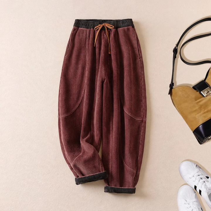 Damen-Cordhose, gefüttert, mit Bindegürtel, schmal zulaufend