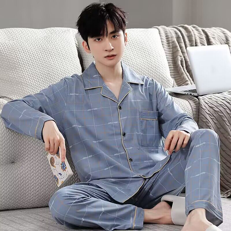 Herren-Pyjama-Set, 100% Baumwolle, langärmelig, geknöpft