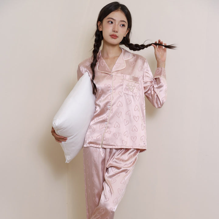 Damen-Pyjama-Set, Eisseide, Langarm, Herzmuster