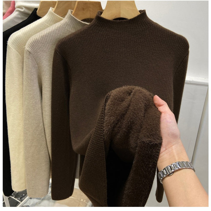 Damen-Strickpullover, gefüttert, Stehkragen, warm