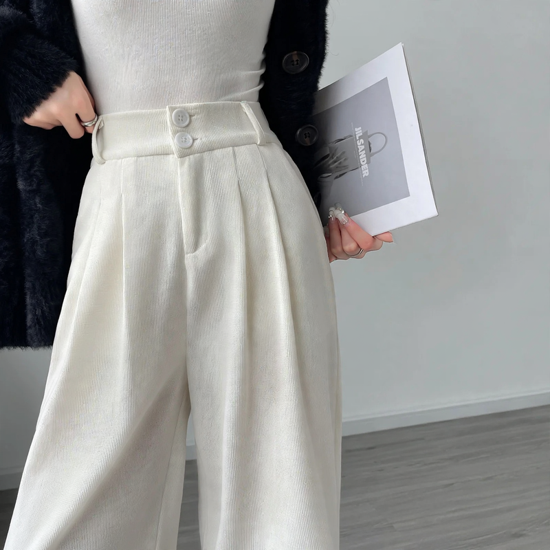 Chenille-Stoffhose mit hohem Bund, gerade geschnitten
