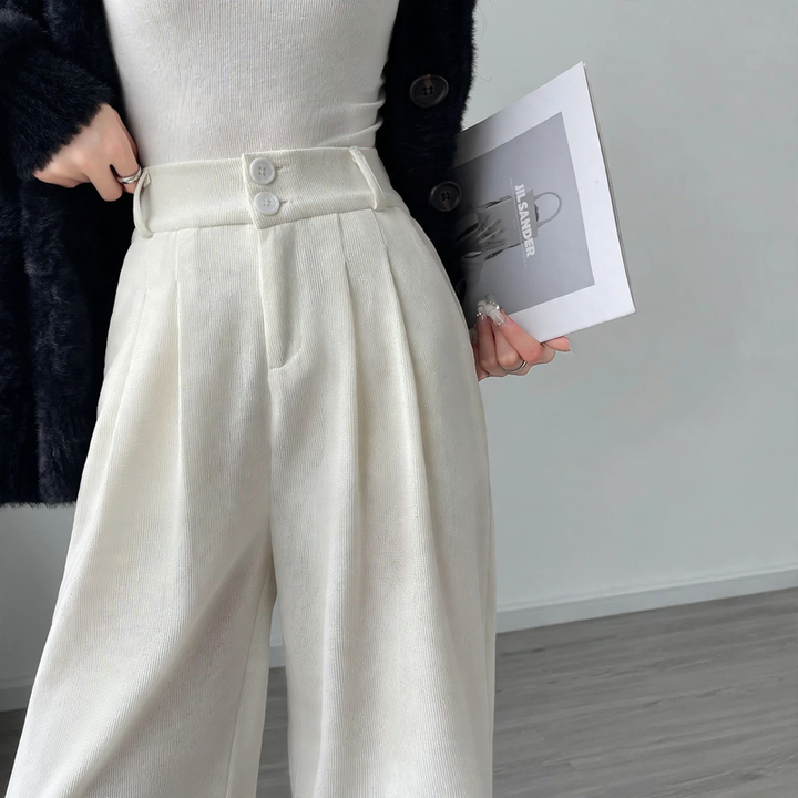 Chenille-Stoffhose mit hohem Bund, gerade geschnitten