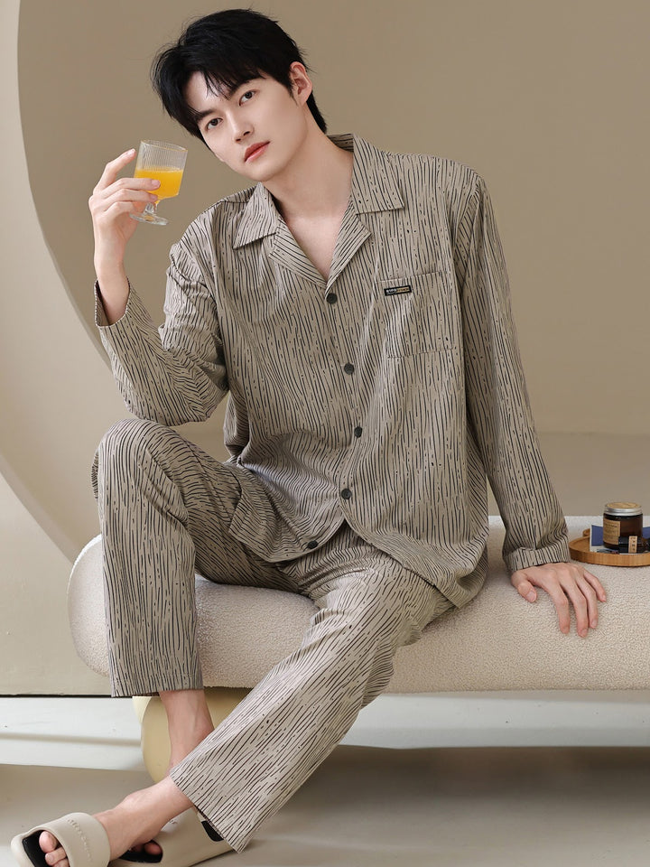 Herren-Pyjama-Set, Baumwolle, Langarm, klassisch