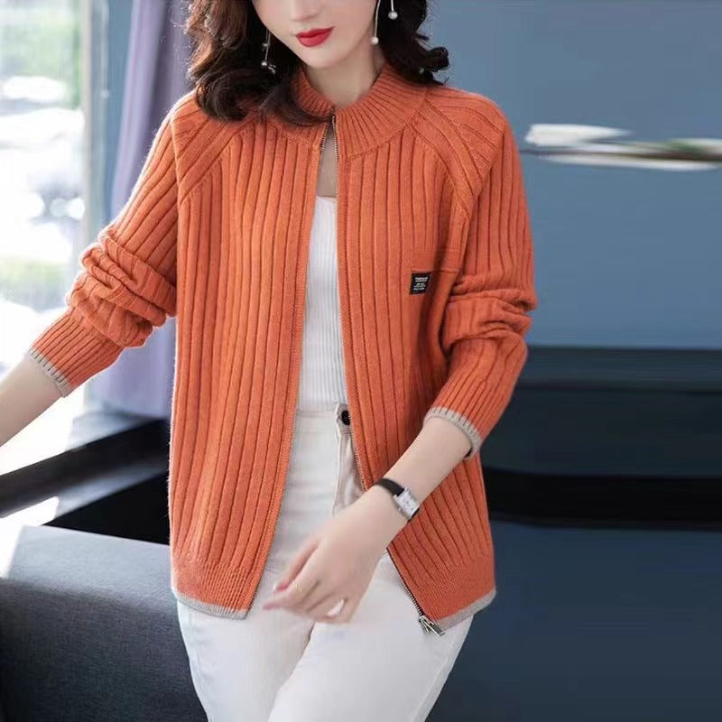 Damen-Strickjacke mit Reißverschluss, gestreift