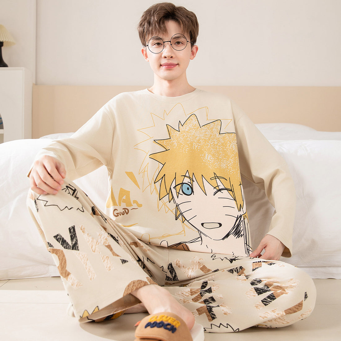 Herren-Pyjama-Set, Baumwolle, Langarm, große Größen