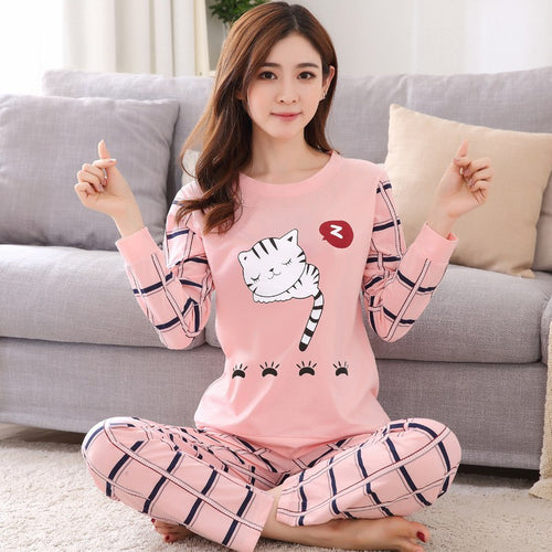 Damen-Pyjama-Set, Langarm, Cartoon-Muster, süß
