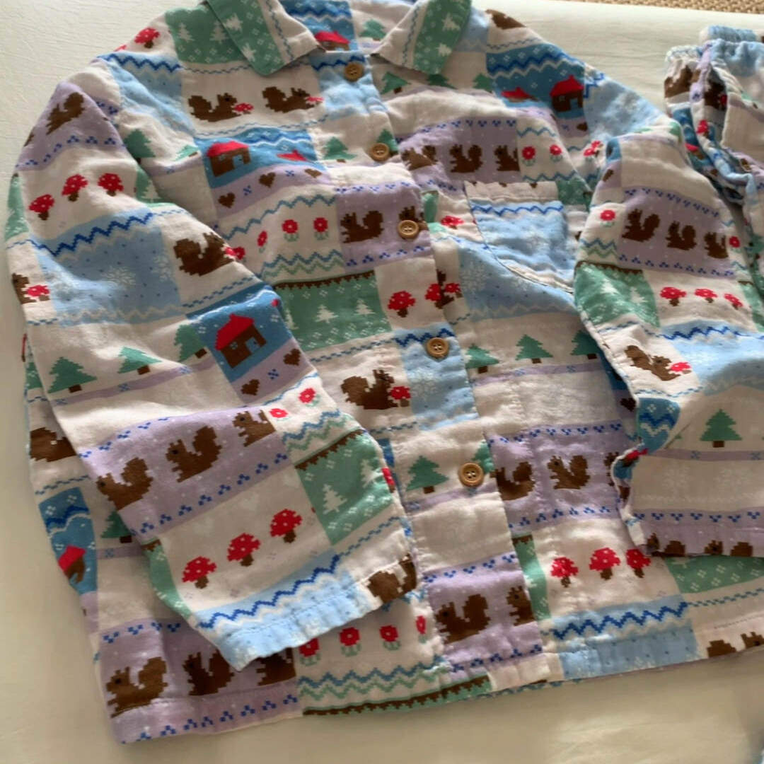 Damen-Pyjama-Set, langärmelig, mit Hütten-Druck