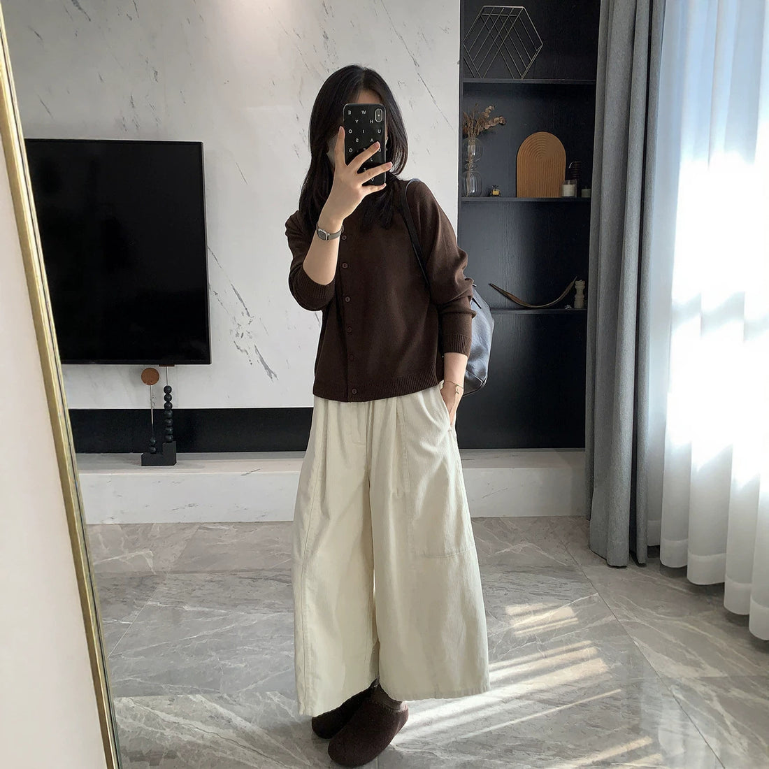 Damen-Kordhose, weit geschnitten, 7/8-Länge