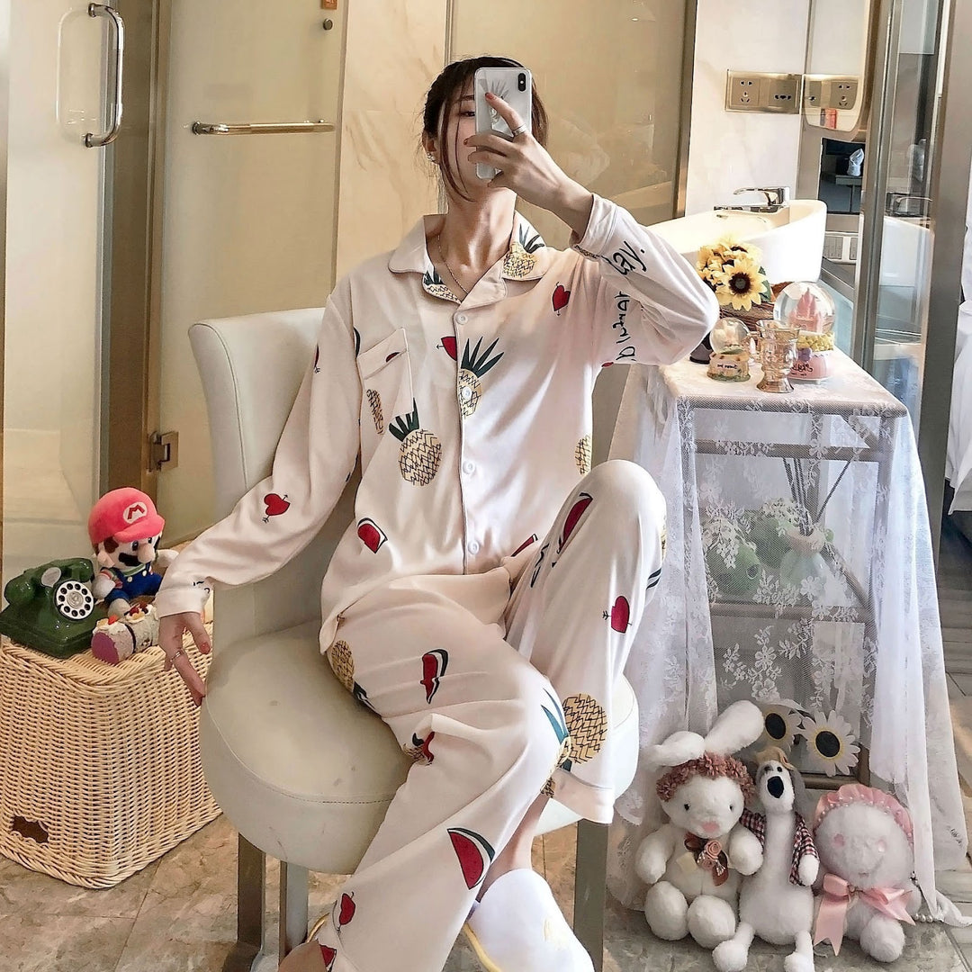 Damen-Pyjama-Set, Langarm, Herz-Muster, Freizeit-Stil