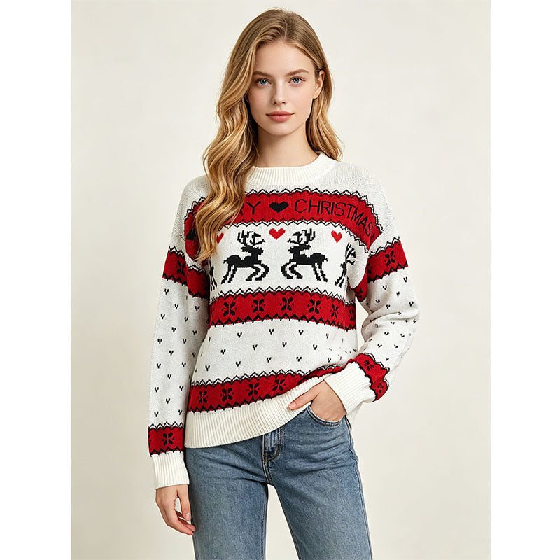 Lockerer Damen-Weihnachtspullover mit Rentier-Jacquard