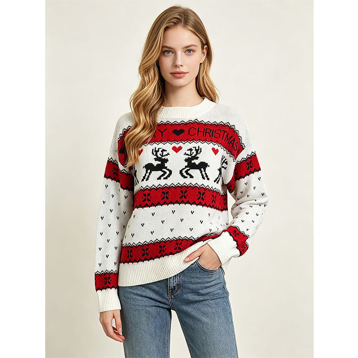 Lockerer Damen-Weihnachtspullover mit Rentier-Jacquard