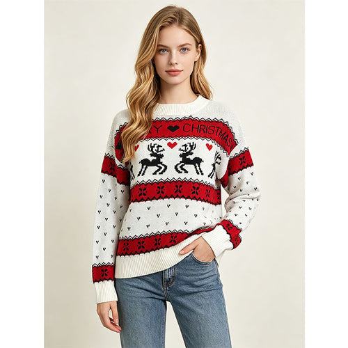 Lockerer Damen-Weihnachtspullover mit Rentier-Jacquard