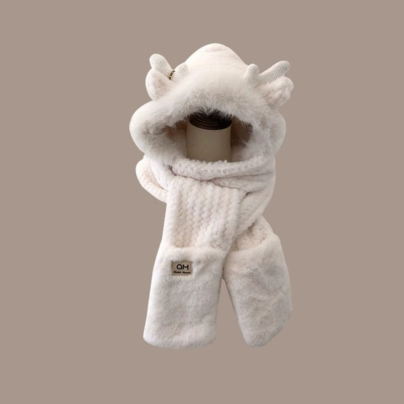 Damen Winter-Set: Plüsch-Kapuzenmütze mit Schal und Handschuhen