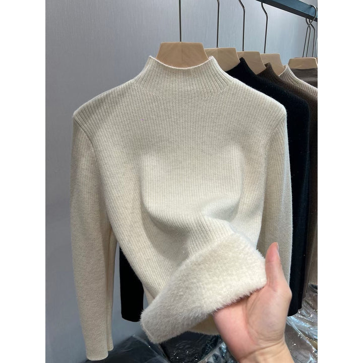 Damen-Strickpullover, gefüttert, Stehkragen, warm