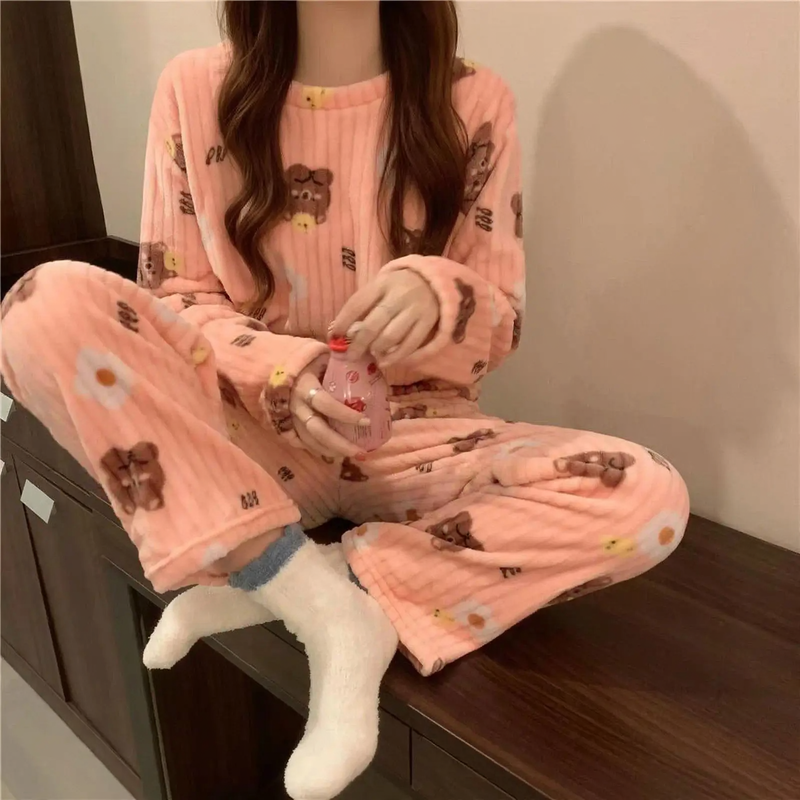 Damen-Hausanzug, Korallenfleece, Cartoon-Design, warm