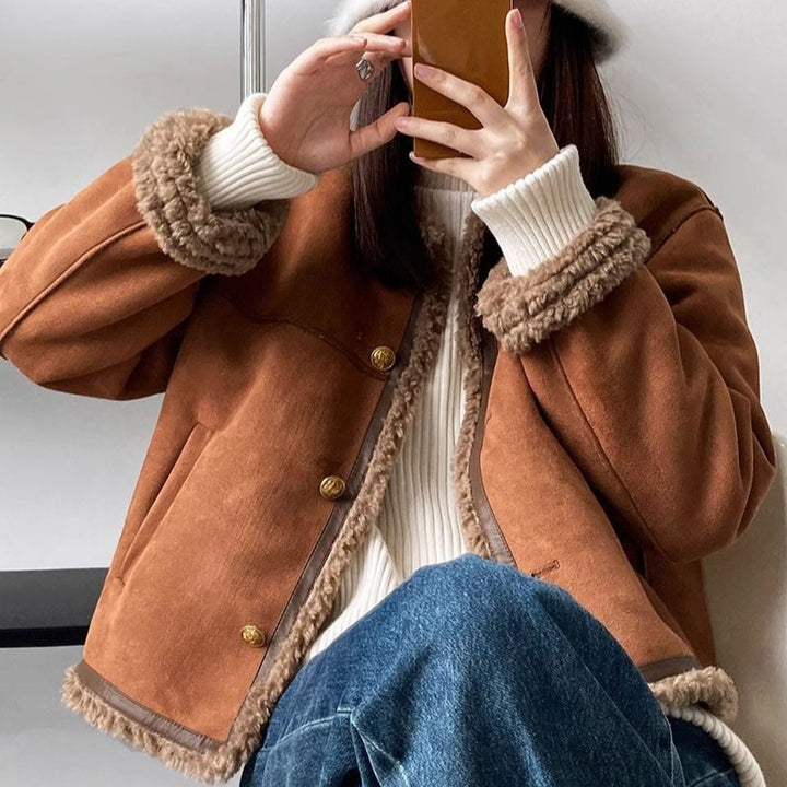 Damen-Winterjacke, Plüsch-Optik, gefüttert, lässiger Stil