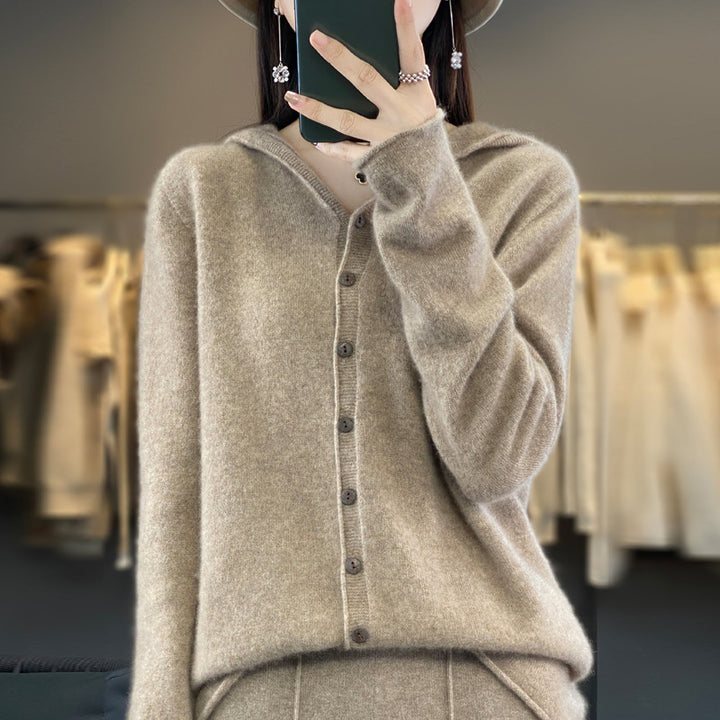 Damen-Strickjacke aus Merinowolle mit Kapuze