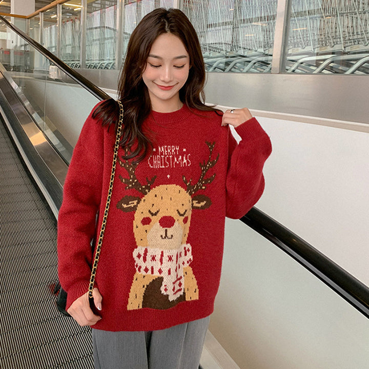 Lockerer Damen-Weihnachtspullover mit Rentier-Motiv