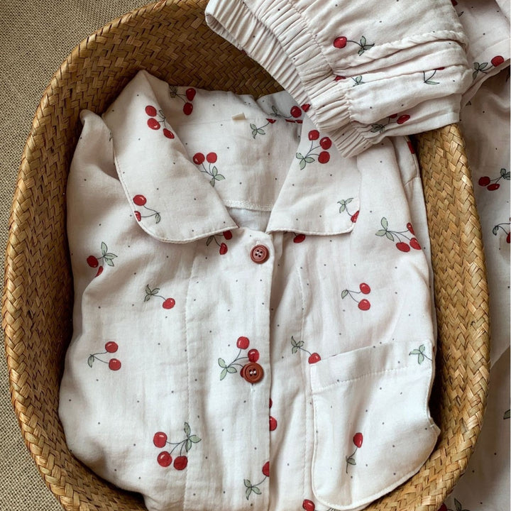 Damen-Pyjama-Set aus Baumwoll-Doppelgaze mit Kirschmuster