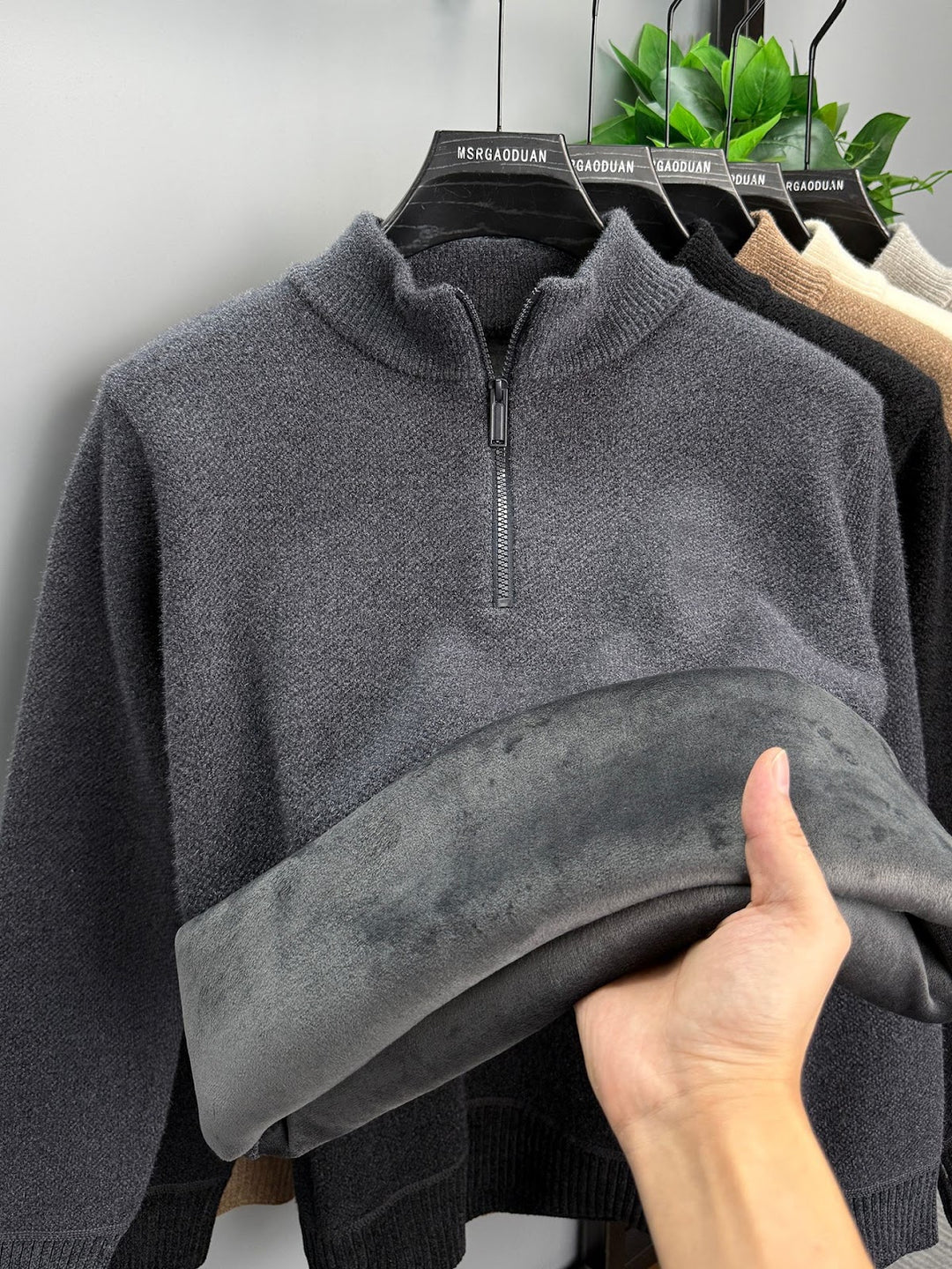 Herren-Pullover mit Reißverschluss, gefüttert, Stehkragen