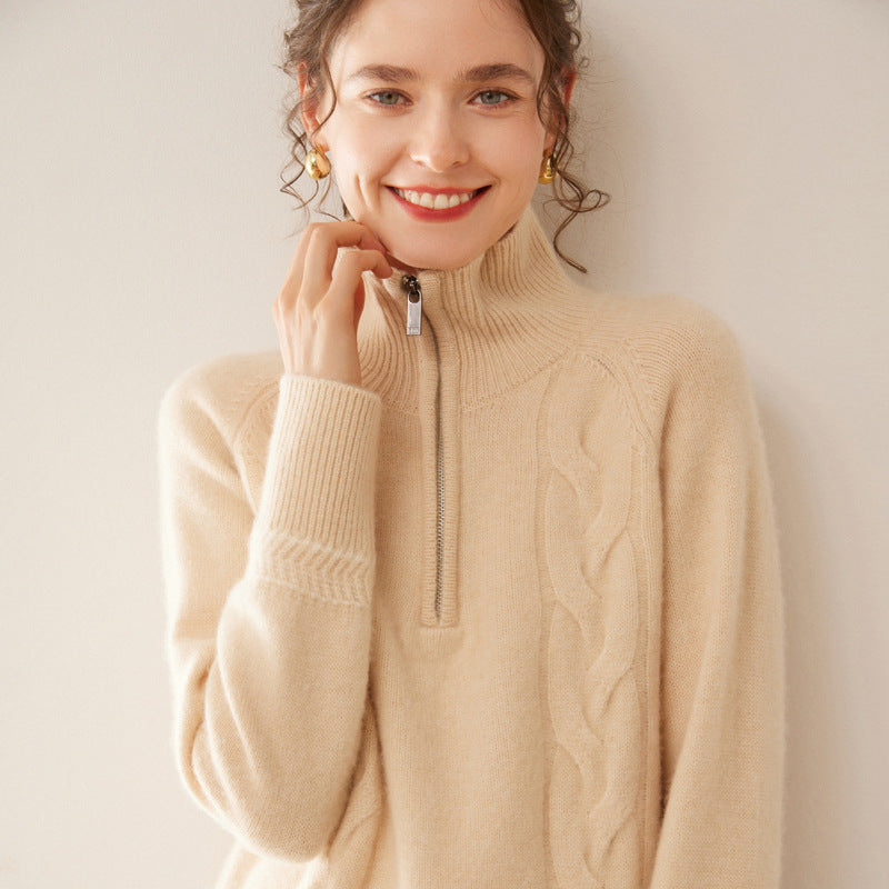 Damen-Kaschmirpullover mit Stehkragen und Reißverschluss