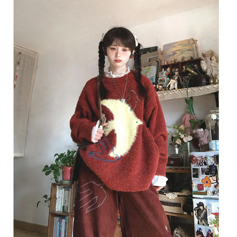 Damen-Strickpullover mit Vogel-Jacquard