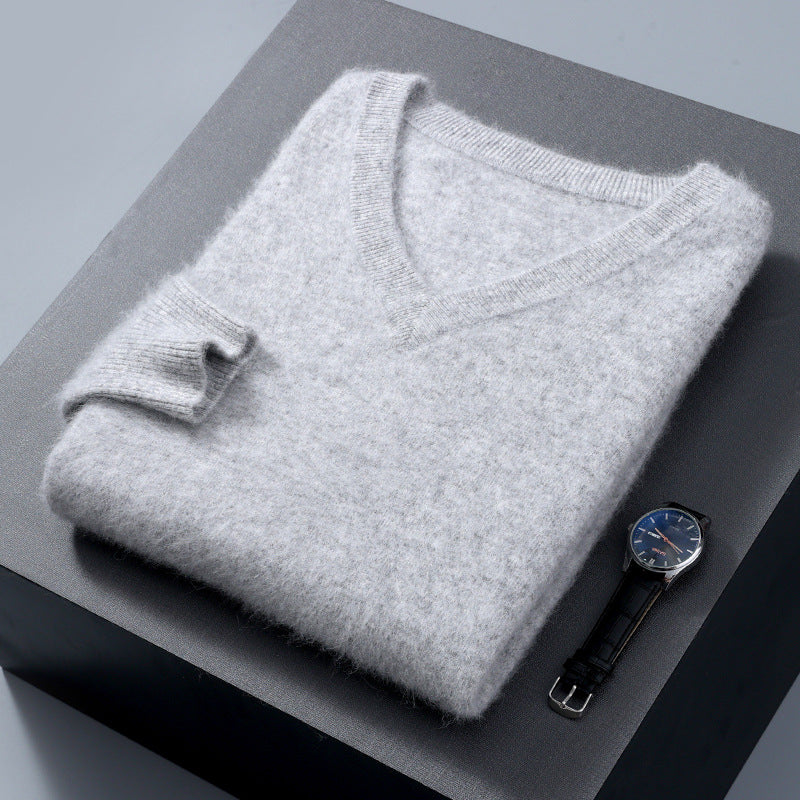 Herren-Wollpullover, V-Ausschnitt, locker, unifarben