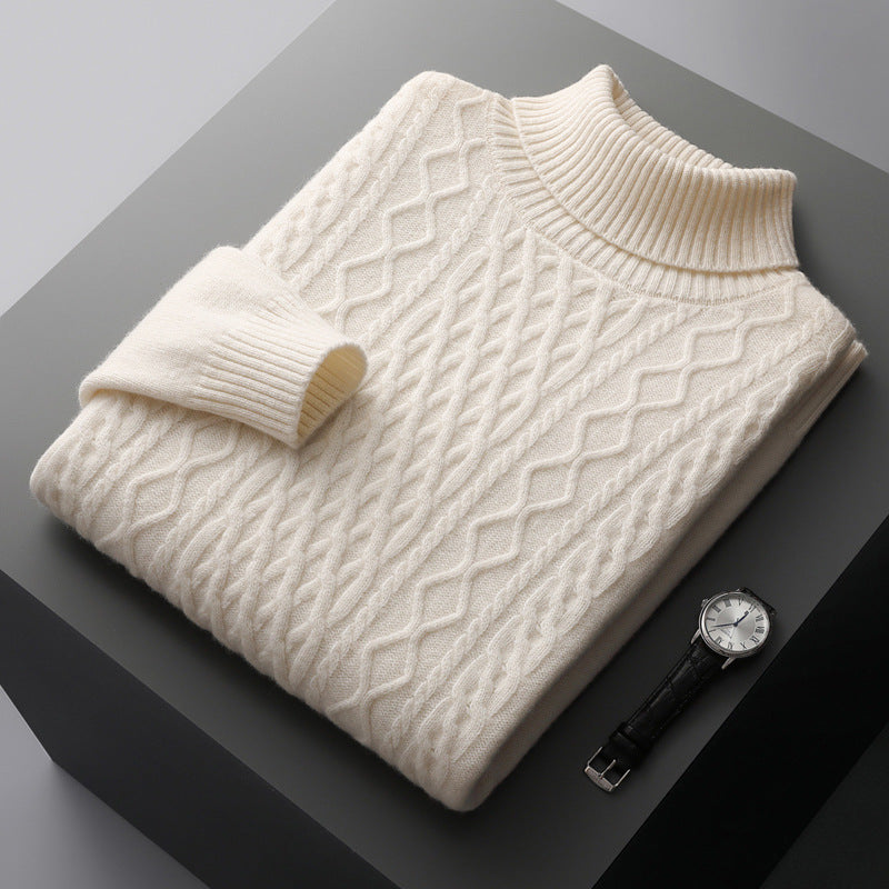Herren-Wollpullover mit Reverskragen und Zopfmuster